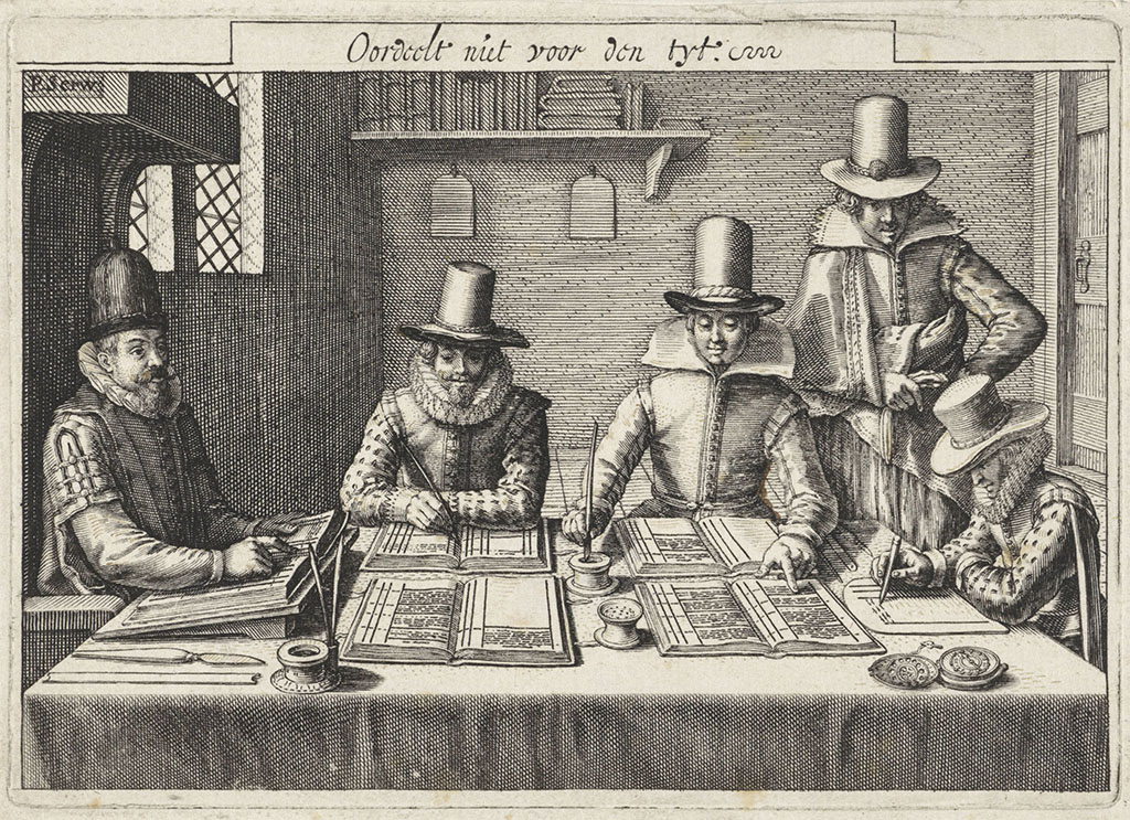 Rekenschool waarin het boekhouden wordt onderwezen. Aan een tafel zit links, in een stoel met baldakijn, de rekenmeester. Drie leerlingen zitten met rekenboeken voor zich te schrijven. Een vierde staat ter rechterzijde bij de tafel toe te kijken. Tegen de achterwand van het vertrek een boekenplank en twee schrijftabletten. Daar boven de zinspreuk "Oordeelt niet voor den tyt".