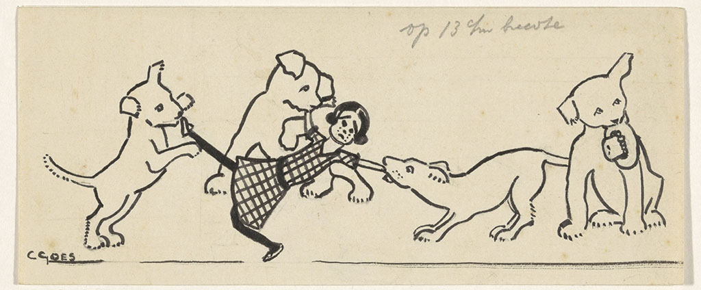 Pentekening met strakke lijnen van drie puppy's die elk aan een ledemaat van een lappenpop met een geruite jurk trekken. De vierde pup zit ernaast met de hoed van de pop in zijn bek.