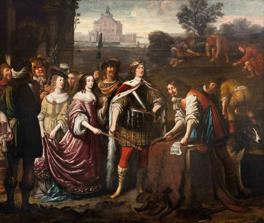 n het midden van het schilderij zien we het keurvorstelijk paar, gekleed in alle tekenen van hun waardigheid. Luise Henriette als Dido. Achter de keurvorst, met de speer in de hand, staat kolonel La Cave, terwijl de gravin van Blumenthal, een mooie, statige dame, de sleep van de keurvorstin draagt. Verder naar achteren, eerst gravin Blumenthal, zien we de jachtmeester van Hertefeld en een van Rochow. Er ontbreekt informatie over wie dat precies is. Alle genoemde personen vullen de linkerkant van het schilderij, terwijl rechts van de keurvorst de geheimraad Otto von Schwerin staat, op weinig vleiende wijze met opgestroopte mouwen en in het gunstigste geval in de rol van een statige leerlooier. Hij houdt een koeienhuid met het opschrift “plus outre”, “steeds verder”, in zijn linkerhand, terwijl hij met zijn rechterhand bezig is de huid in repen te snijden. Deze stroken worden door drie of vier drukke bedienden gebruikt om een groot, op de achtergrond gelegen veld af te bakenen, waaruit in het midden een grijswit kasteel oprijst, slechts geschetst, maar toch duidelijk genoeg herkenbaar om een begrijpelijk, levendig beeld te geven.