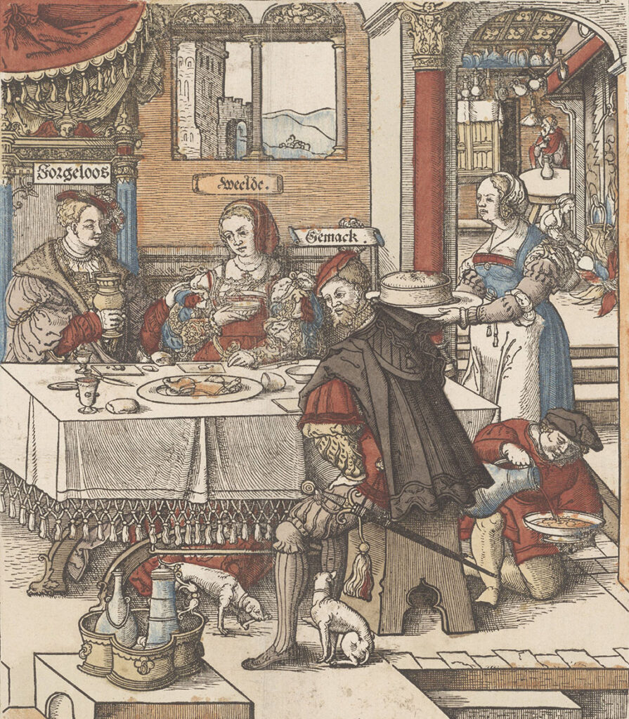 Sorgheloos, Weelde en Gemak zitten in de herberg "'t huys van Quistenburch" aan een gedekte tafel te eten en te drinken. Rechts een vrouwelijke bediende met pastei en een jongeman die wijn inschenkt. Op de achtergrond de keuken waar een vrouw het vuur aanblaast. Onder tafel heeft een hond een bot.