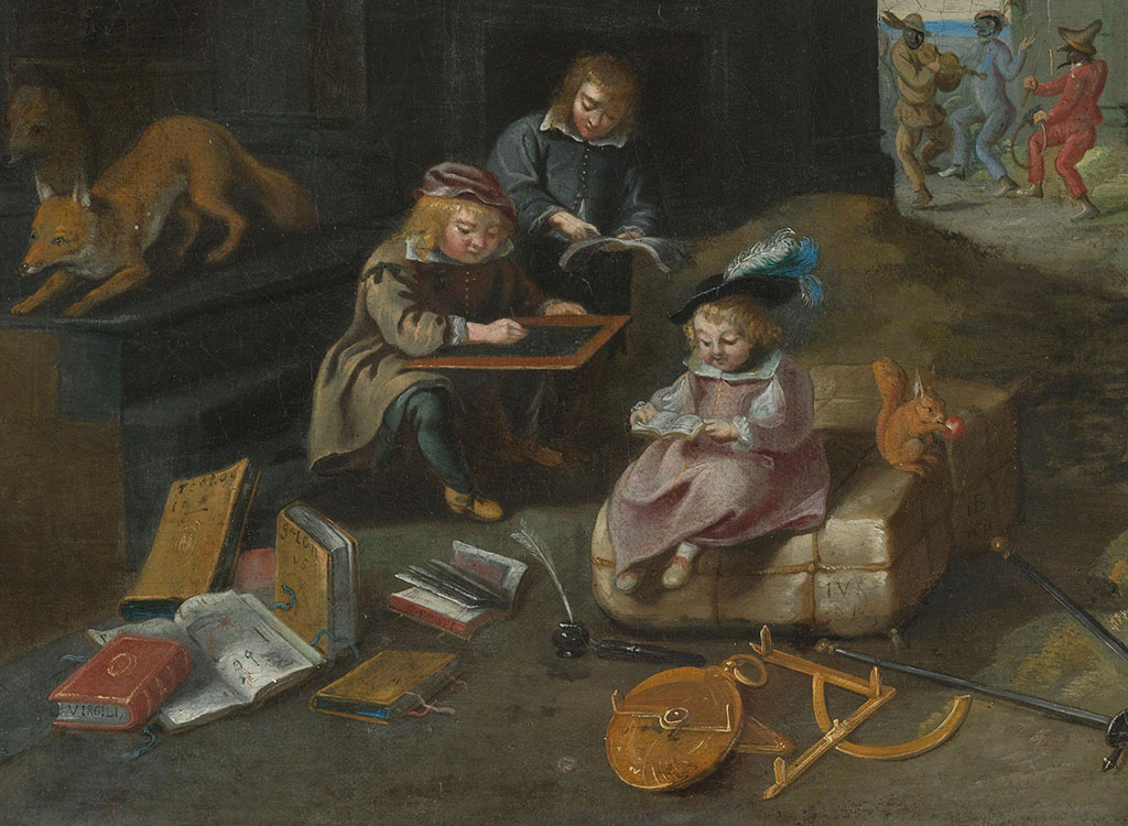 Op een trapje zit een jongen op een lei te schrijven. Naast hem wijst een staande jongen in zijn papieren. Op een baal zit een jongetje in een boekje te lezen, naast hem zit een eekhoorn. Bovenop het trapje zit een vos en op de voorgrond liggen boeken, een inktpot en meetinstrumenten. Op de achtergrond drie commedia dell'arte figuren.