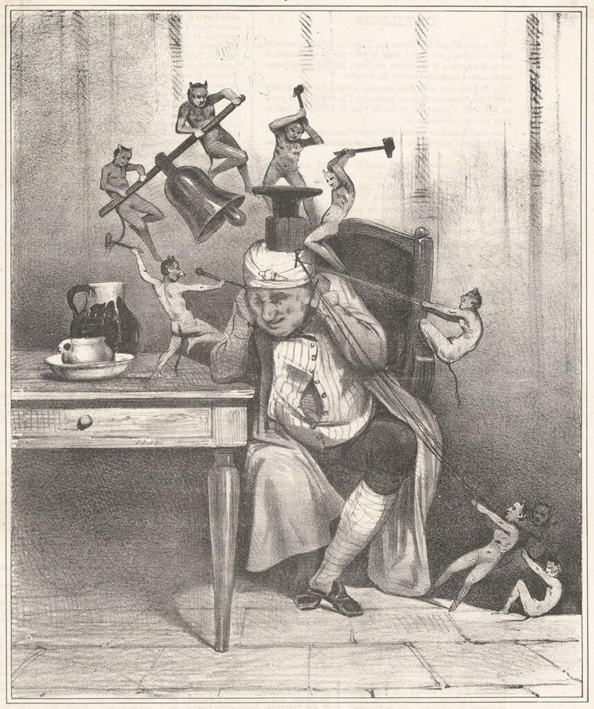 Een man zit aan een tafel met een doek om zjn hoofd, hij heeft zijn ogen dicht en houdt zijn handen voor zijn oren. Om hem zijn allemaal duiveltjes actief. Één staat op tafel en slaat met een hamer een speld in zijn hoofd, twee luiden een grote bel boven zijn hoofd, twee anderen slaan met hamers po een aambeeld dat op zijn hoofd staat en vier duiveltjes, één op de stoelleuning en drie op de grond, trekken met alle macht aan touwen die vastgemaakt zijn aan een spijker in zijn hoofd.