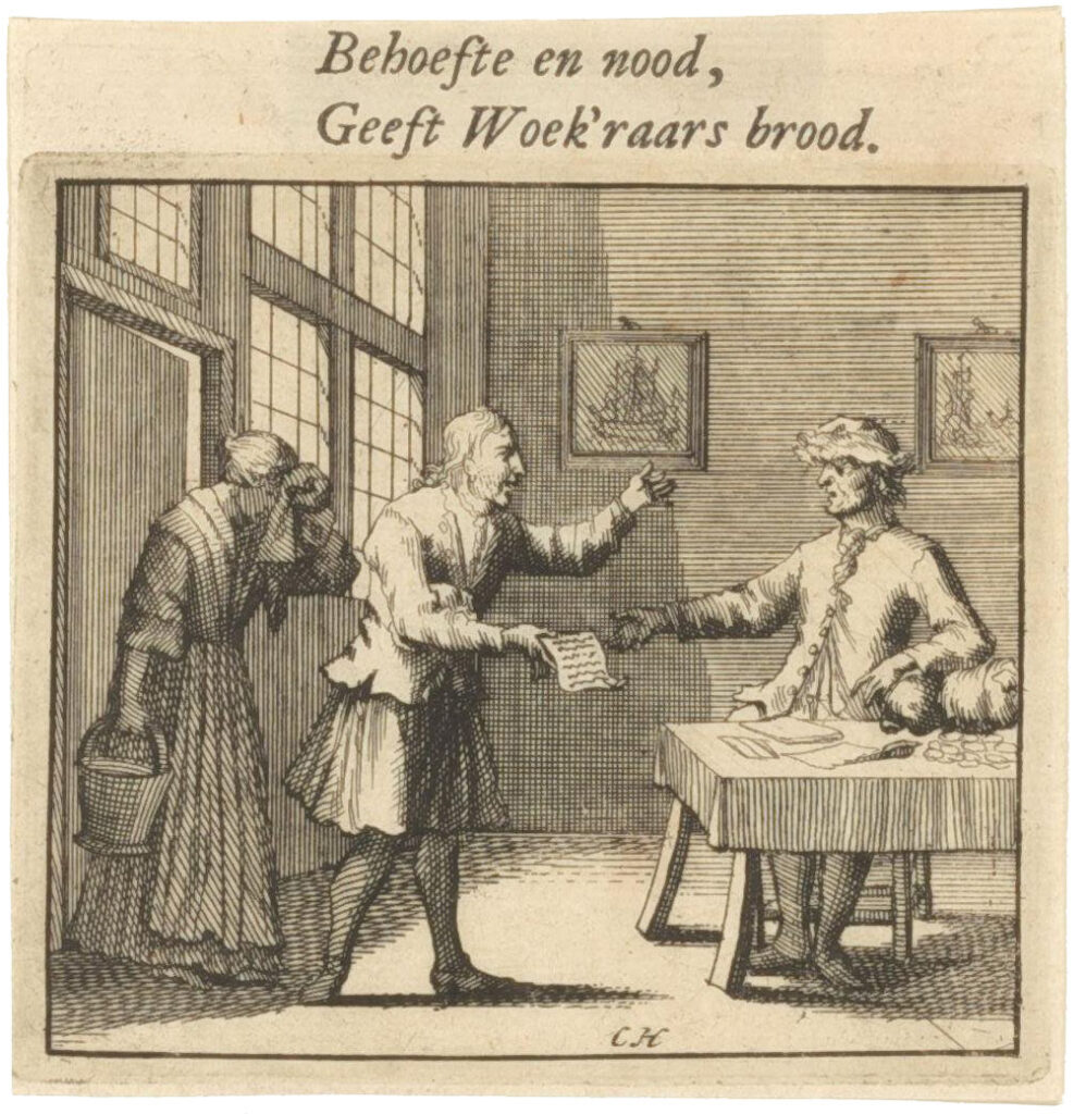 Achter een tafel zit een man, leunend op een volle zak. Voor hem liggen munten en papieren. Een man en een vrouw zijn net door de deur binnen gekomen. De man heeft een brief in zijn hand en hij spreek luid wapperend met zijn andere hand tegen de man achter de tafel. De vrouw achter hem draagt een emmer en houd een doek tegen haar neergeslagen hoofd. Op de muur op de achtergrond hangen twee schilderijen met schepen. Boven de prent staat: behoefte en nood, geeft woek'raars brood.