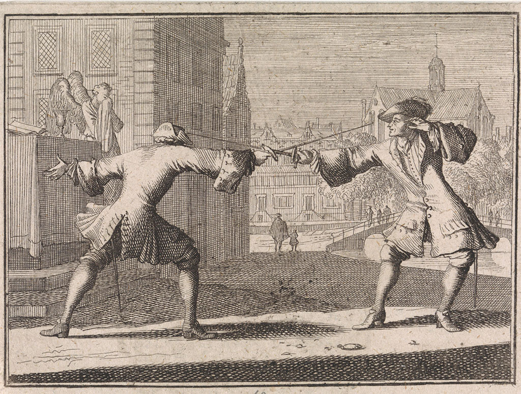 Twee mannen duelleren met een floret, hun handen zijn dicht bij elkaar, de punt van elk wapen vlak voor het gezicht van de ander. Op de achtergrond een stadsgezicht met een gracht met een brug erover, wat bomen en een kerk. Links een paar treden met daarop een soort altaar met een boek en een kelk. Daarnaast staat een engel met zijn neus in een grote doek.