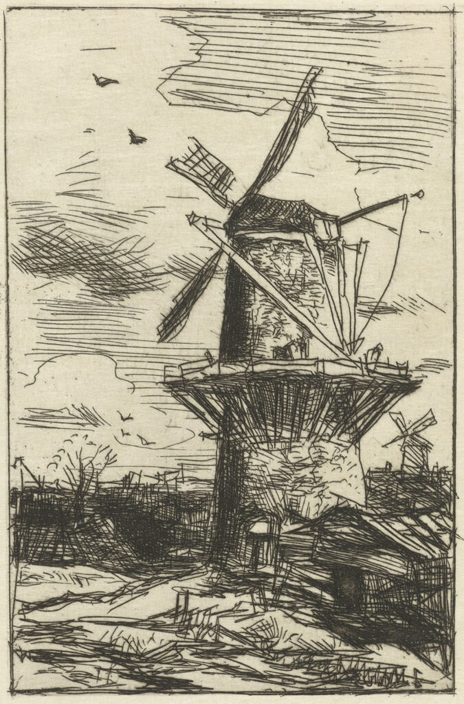 Gravure van een molen in een landschap, Het lijkt of de molen in een flinke wind staat en het tuigage er los bij hangt.