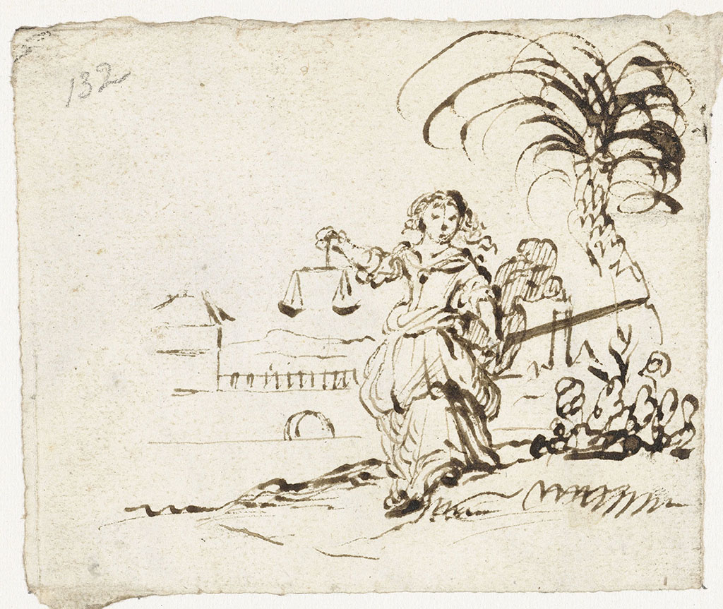 Een vrouw met een weegschaal in haar hand staat naast een palmboom. Op de achtergrond de suggestie van een stad.