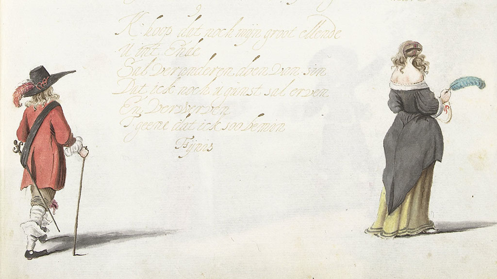 Links een soldaat in een rode jas met een brede zwarte hoed met een rode veer erop. Hij draagt een donkere band over zijn schouder met daaraan zijn zwaard, in zijn rechterhand heeft hij een wandelstok. Zijn broek is beige, hij draagt witte kousen en zwarte schoenen. Rechts een dame van achteren met een kapje waar losse haren onderuit steken. Ze draagt een zwart jak met een witte kraag die haar schouders bloot laat. Het jak loopt aan de achterkant in een punt uit die tot op haar kuiten komt. Daaronder draagt ze een gele rok. In haar rechterhand heeft ze een blauwe veer. Tussen de twee staat de volgende tekst geschreven: K hoop dat noch mijn groot Mende U int Ende Sal veranderen doen van sin Dat ick noch u gunst sal erven En verwerven T geene dat ick soo bemin Fijnis