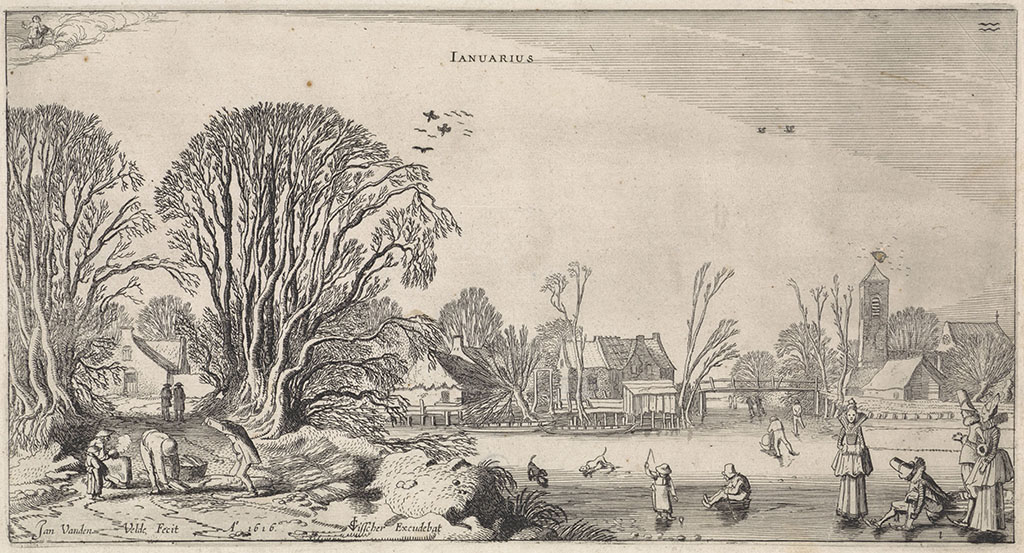 Figuren op het ijs bij een dorp met links een landweg met houtspokkelaars, voorstellende de maand januari. Links- en rechtsboven de bij deze maand behorende symbolen van het sterrenbeeld: waterman.