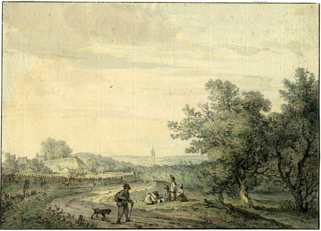 Een landschap vanuit een hoog punt. Op de voorgrond een wandelaar op een pad met een hond, Daarachter zit een groepje mensen in de berm. Rechts bomen, links een boerderij met daarvoor een paard en wagen. Verderop in het heuvellandschap de toren van de Andrieskerk en het dak van Kasteel Amerongen.