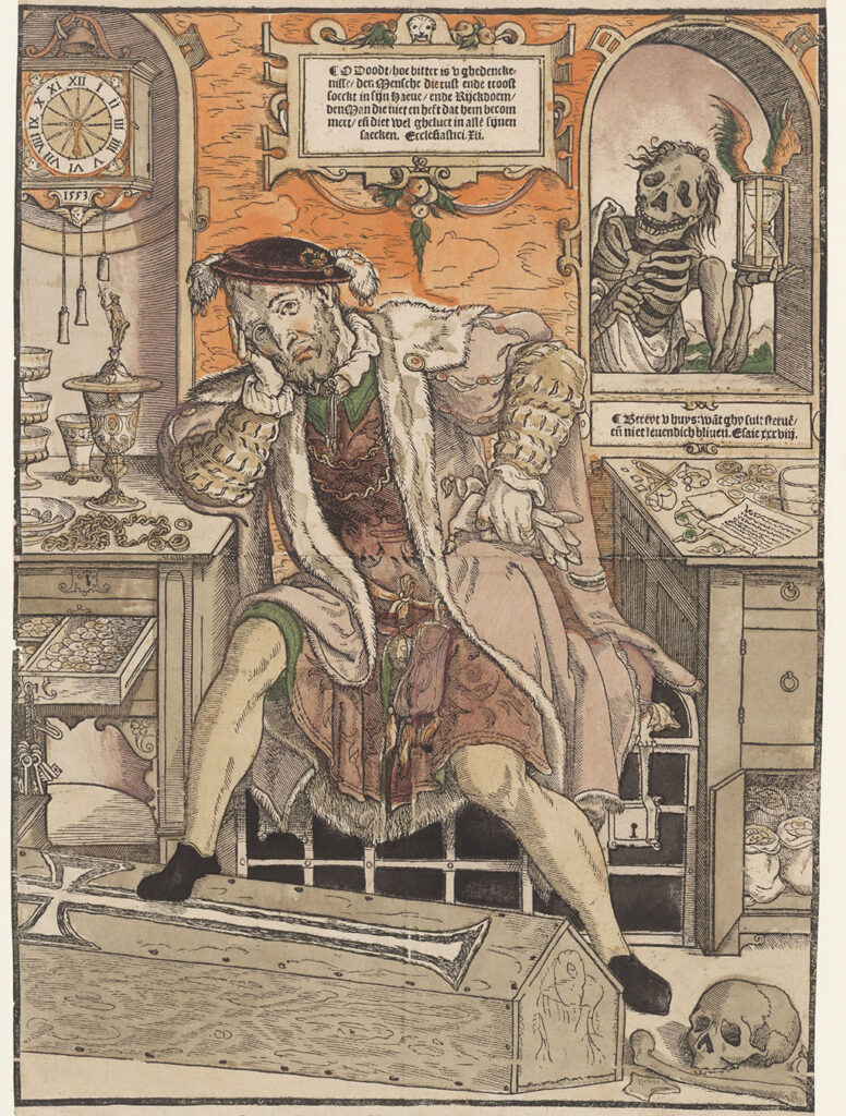 Vanitasvoorstelling: allegorie op de vergankelijkheid van het menselijk leven. Een rijk man zit in een vertrek, omgeven door zijn bezittingen, in gepeins verzonken. Zijn rechtervoet steunt op een doodskist. Schuin achter hem loert de Dood in de gedaante van een skelet, met gevleugelde zandloper in de hand, door een venster naar binnen. Op de grond een doodshoofd. Aan de muur een klok. In twee cartouches bijbelteksten die betrekking hebben op de komst van de dood en de betrekkelijkheid van al het aardse. Onder voorstelling bijbelcitaten die verwijzen naar de dood. Boven de voorstelling een citaat uit Lukas 12:20 dat verwijst naar de parabel van de rijke man, waarin wordt gewaarschuwd tegen het najagen van aardse rijkdom. Prent is gedrukt van twee blokken op twee bladen papier, aan elkaar bevestigd.