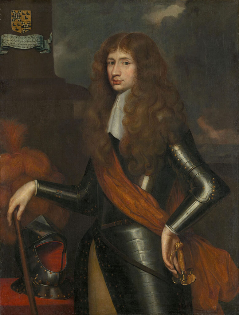 Portret van Cornelis van Aerssen (1637-88), heer van Sommelsdijk. Sedert 1683 gouverneur van Suriname. Heupstuk, staande in wapenrusting naar links. Links een gepluimde helm. Commandostaf in de rechterhand, de linkerhand in de zij. Linksboven het familiewapen op een zuil.