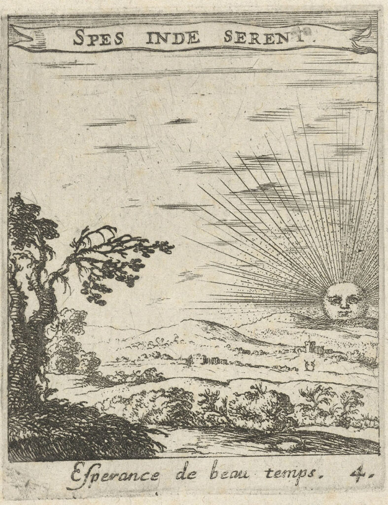 Heuvelachtig landschap met een opkomende zon en op de voorgrond een boom. Op een banderol een devies in Latijn en een onderschrift in Frans, beide over de liefde.