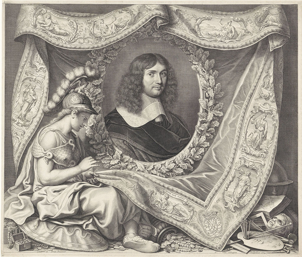 Jean-Baptiste Colbert, geportretteerd in het centrale stuk van een rijk gedecoreerd tapijt. Om het portret een krans van eikenbladeren. Minerva legt de laatste hand aan het borduursel van de randversiering van het tapijt, waarop tal van allegorische voorstellingen staan, elk met een Latijns motto. In de rechterbenedenhoek van het tapijt staan de gekroonde initialen van Colbert. Op de grond liggen sieraden, muntstukken, toneelaccessoires,