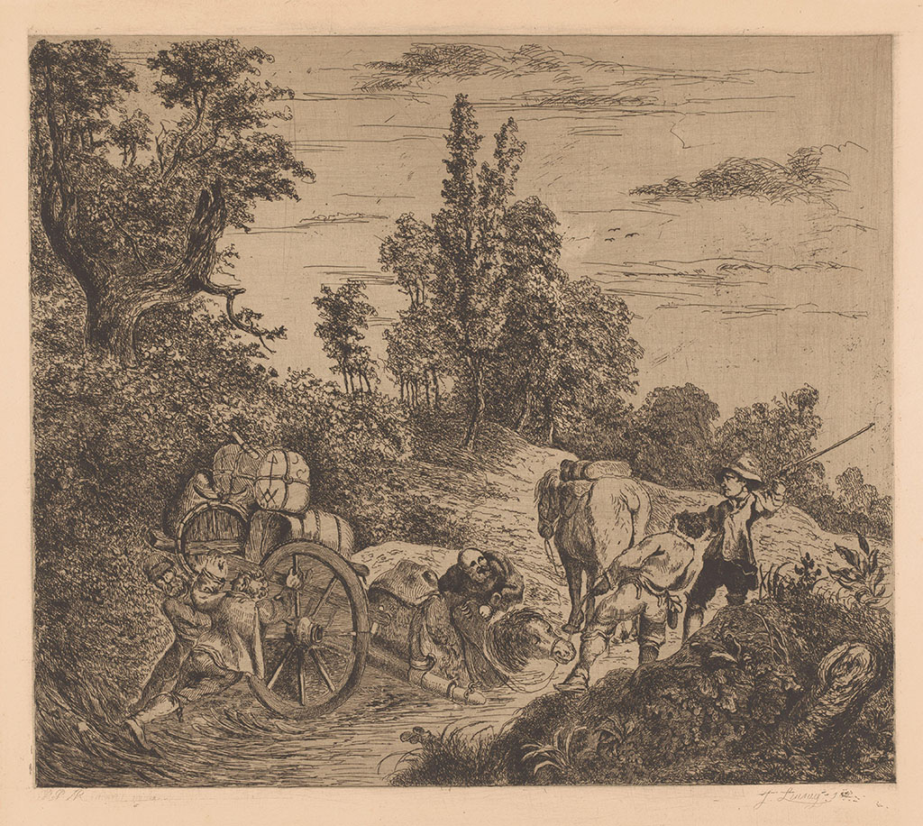 In een heuvelachtig landschap is een ingespannen paard tot zijn borst weggezakt in het water. Achter de wagen staan twee mannen te duwen, een derde man probeert het paard van de zijkant omhoog te duwen, een vierde man heeft het paard bij de leidsels en een vijfde man staat klaar om met een stok te slaan. Een tweede paard staat los naast de scene met het ingespannen paard en kijkt de andere kant op.