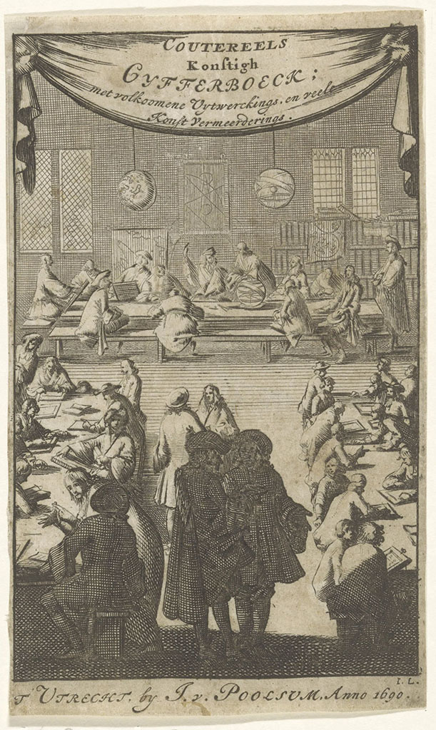 In een ruimte staan lange tafels waaraan mannen op banken zitten. Zij hebben papieren en rekentafels voor zich. Tussen de tafels staan mannen te overleggen. Bovenaan een drapperie waarop staat "Coutereels Konstigh cyfferboeck; met volkoomene Uytwerckings en reele Konst Vermeerdering". Onder de prent staat "Utrecht by I.v. Poolsum, Anno 1690"