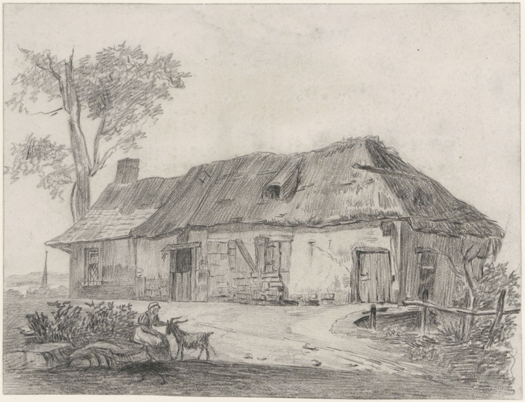 Tekening van een boerderij, links het woondeel met een pannendak, rechts het schuurdeel met een strodak. Het geheel lijkt nogal vervallen. Voor bij een perkje met plantjes zit een vrouw die een geit of een bok aait.