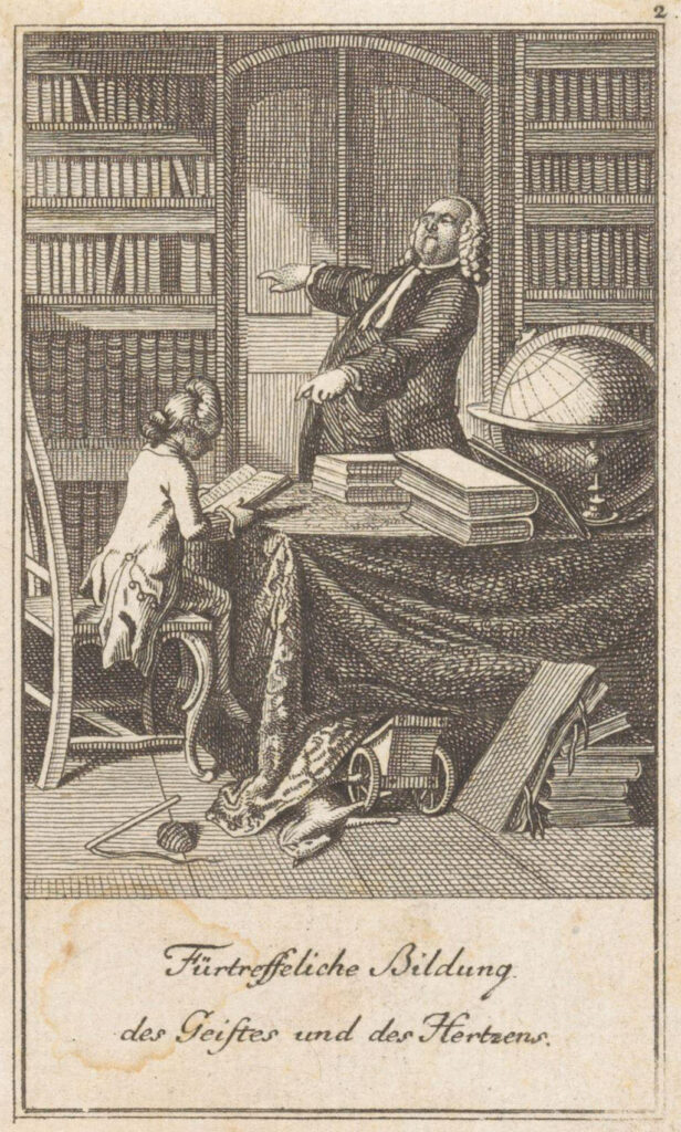 In een vertrek zit een jongen met een pruik op het puntje van zijn stoel met een boek in zijn handen. Op de tafel voor hem liggen meer boeken en staat een globe. Achter de tafel staat een volle man met pruik, met zijn rechterhand wijst hij naar de boekenkast achter hem, met zijn linker hand wijst hij naar de jongen. Op de voorgrond liggen boeken half onder tafel, evenals een speelgoed paard en een wagen. Helemaal op de voorgrond liggen een tol en een zweep.