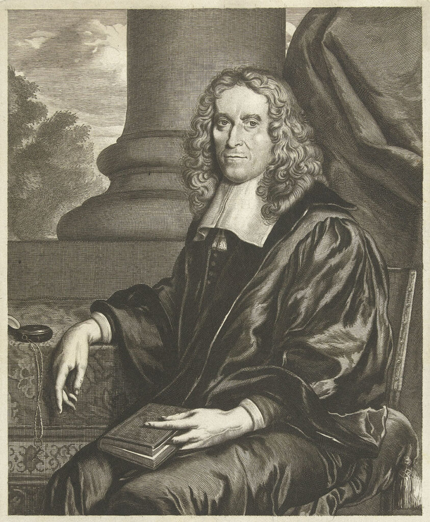 Portret van theoloog Frederick Spanheim Jr. zittend met een boek in zijn hand en een zakhorloge naast hem op tafel.