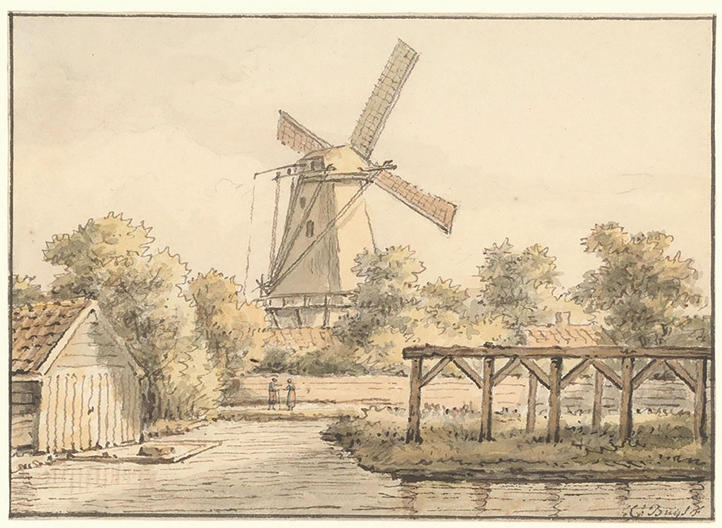 Aan een water ligt links een schuur een rechts een houten constructie. Op de achtergrond een grote molen.