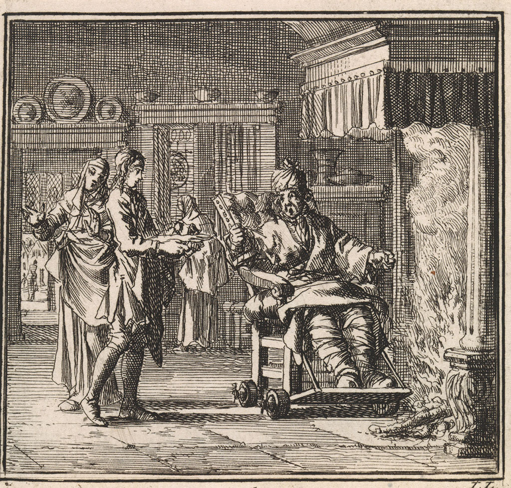 Op een stoel op wieltjes zit een man met ingezwachtelde benen. Er komt een jonge man aan met een dienblad, de heer in de stoel lijkt niet blij. Het vuur in de haard is hoog opgestookt.