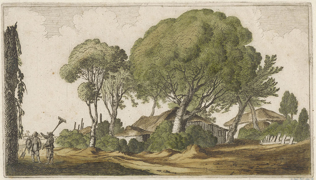 Landschap met door geboomte omgeven boerderijen. Op de voorgrond twee boeren.