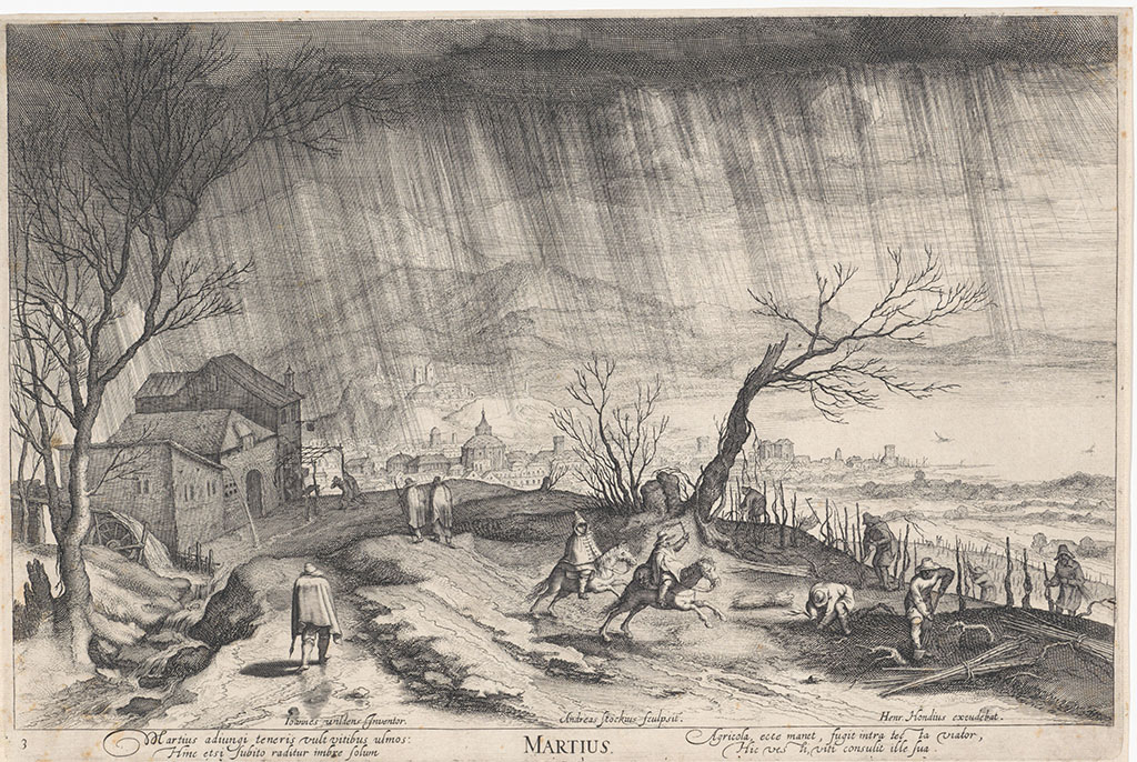 Landschap met op de voorgrond boeren die land bewerken en hout sprokkelen en ruiters op een weg. In het verschiet een stad en bergen. Er valt regen uit donkere wolken. Verbeelding van de maand Maart. Prent uit een serie van de twaalf maanden.