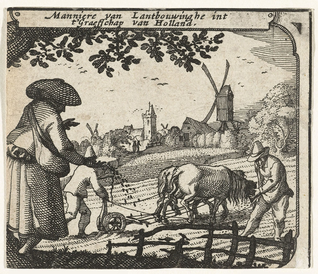 Gravure van een landelijk tafereel. Op de voorgrond links strooit een vrouw zaad in de grond. Daarachter loopt een man met een ploeg met twee paarden ervoor over het land, waar ook nog een man aan het zaaien is. Op de achtergrond een dorp met drie molens en een kerk. Boven de gravure staat: Manniere van Lantbouwinghe int t'Graefschap van Holland.