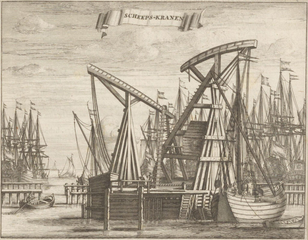 Prent van een haven waar heel veel zeilschepen liggen. Op de voorgrond een aanlegsteiger met daarop twee kraanconstructies die net boven de masten uitkomen. Rechts ligt een schip bij de kraan.