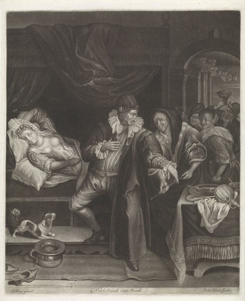 Een dokter bezoekt een zieke vrouw op haar ziekbed. Naast het bed staat een po. Een hondje blaft naar de dokter. Achter hem staan vier personen, waarvan er een in een glas kijkt.