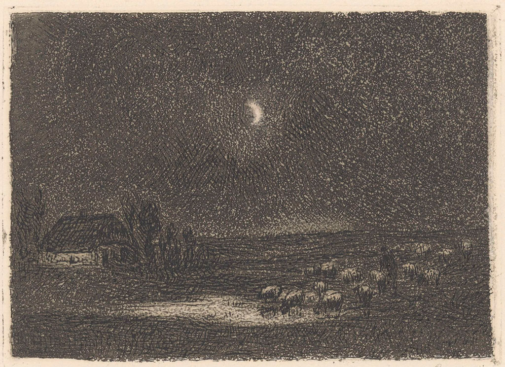 Donkere ets met rechts nog net zichtbaar een kudde schapen met in het midden een staande figuur, links in de verte een boederijtje met wat bomen en in de lucht een kleine maansikkel.