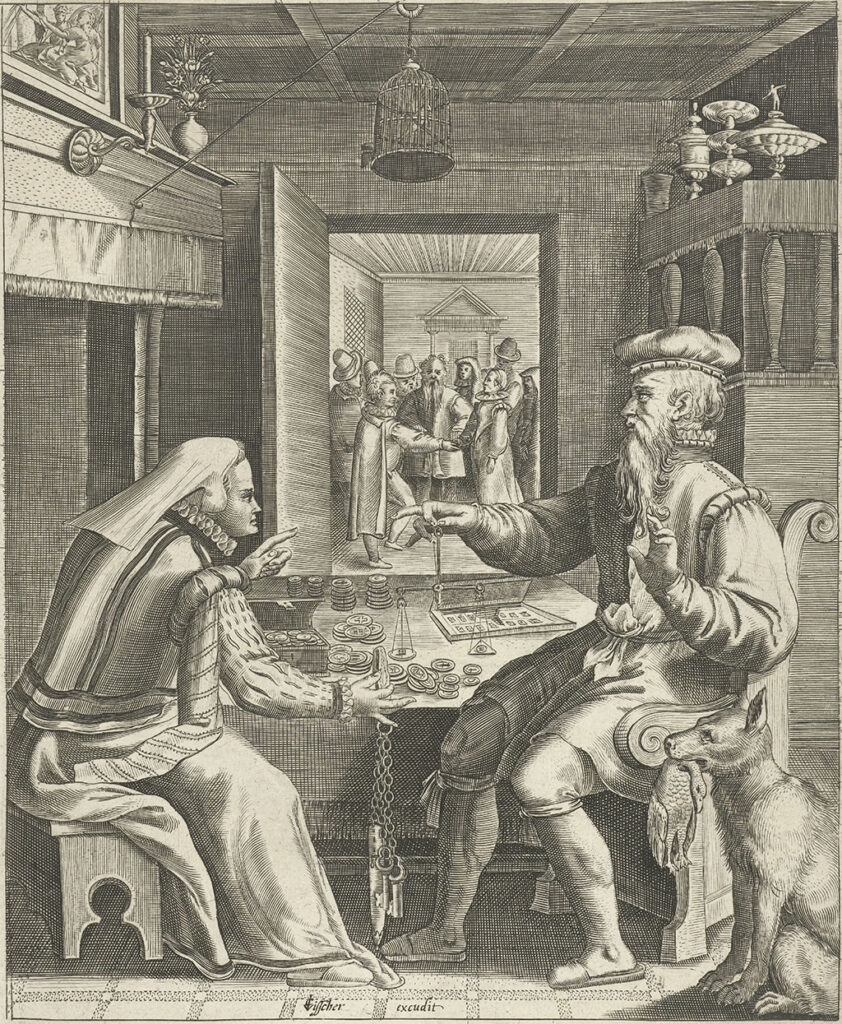 Aan een tafel zitten een man en een vrouw. Op tafel liggen munten. De man houdt een weegschaal vast, de vrouw heeft sleutels in haar hand. Op de achtergrond een open deur met daarachter veen mensen. Op de voorgrond zit een hond met een vogel in zijn bek.