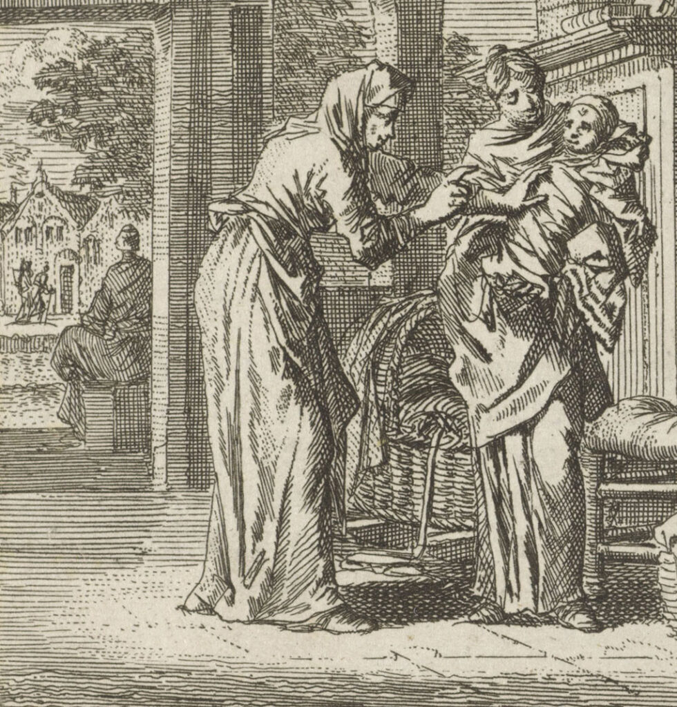 Gravure van een vrouw met een gebakerde baby op de arm. Een oudere vrouw heeft haar linkerhand op de borst van de baby en heeft de wijsvinger van haar rechterhand omhoog. Achter de jonge vrouw staat een wieg. Links op de achtergrond staat een deur open en zien we een dorpsgezicht