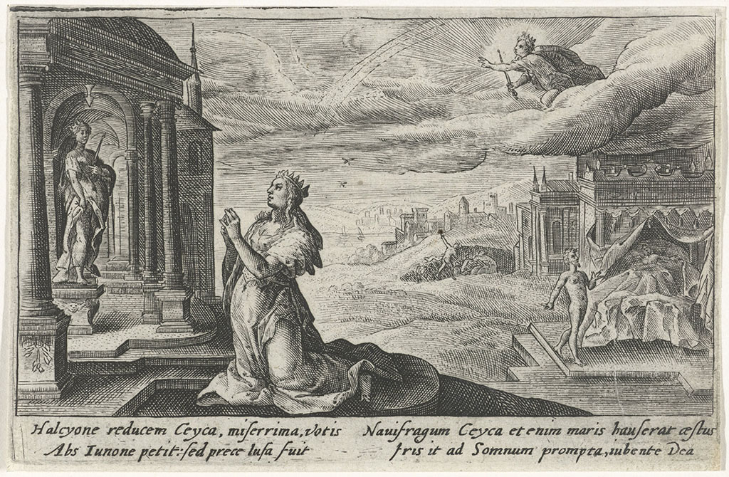 Alcyone bidt voor de veilige terugkeer van haar geliefde Ceyx, geknield voor een altaar van Juno. Op de achtergrond Iris die als een boog aan de hemel naar het paleis van de Slaap gaat. Hij moet er voor zorgen dat Alcyone droomt van de pas gestorven Ceyx en zo verneemt wat er gebeurd is. In de marge een vierregelig onderschrift, in twee kolommen, in het Latijn.