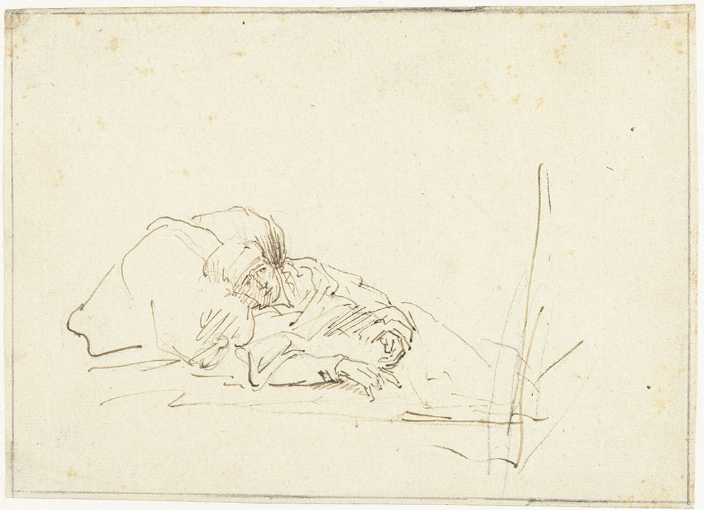 Tekening van een vrouw die met haar hoofd tegen een hoog opgeklopt kussen ligt.