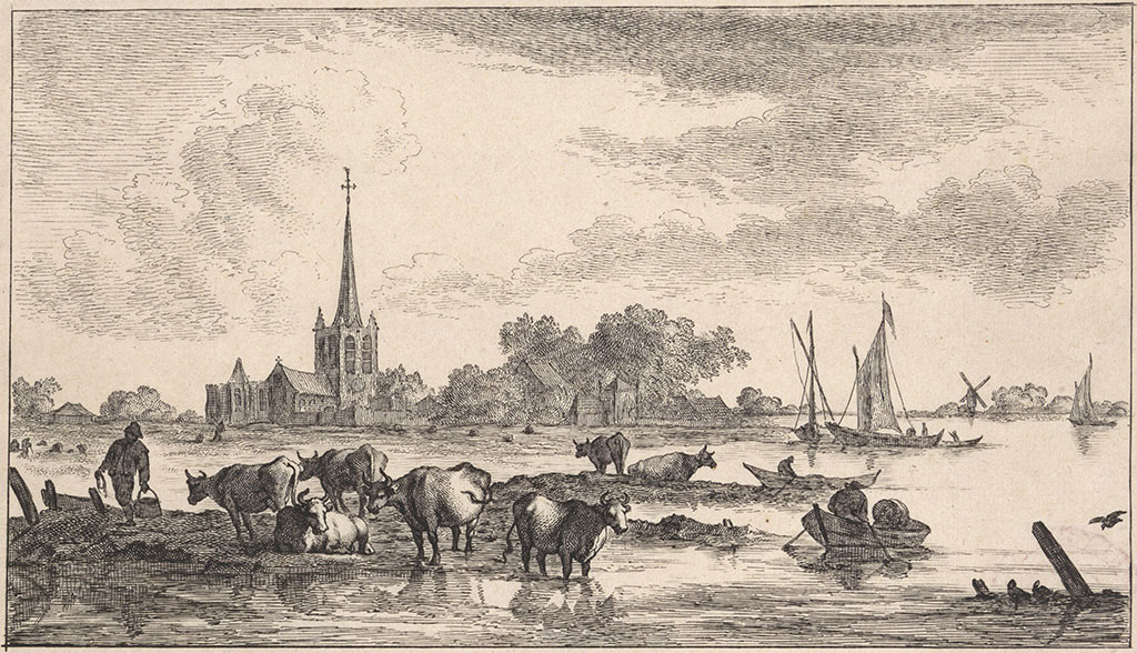 In de uiterwaarden doet een kudde koeien zich tegoed aan gras en water. Een boer met in zijn hand een emmer, loopt juist van de kudde vandaan. Op de rivier zeilschepen en roeiboten. Aan de overzijde van het water een dorp met een kerk en rechts een molen.