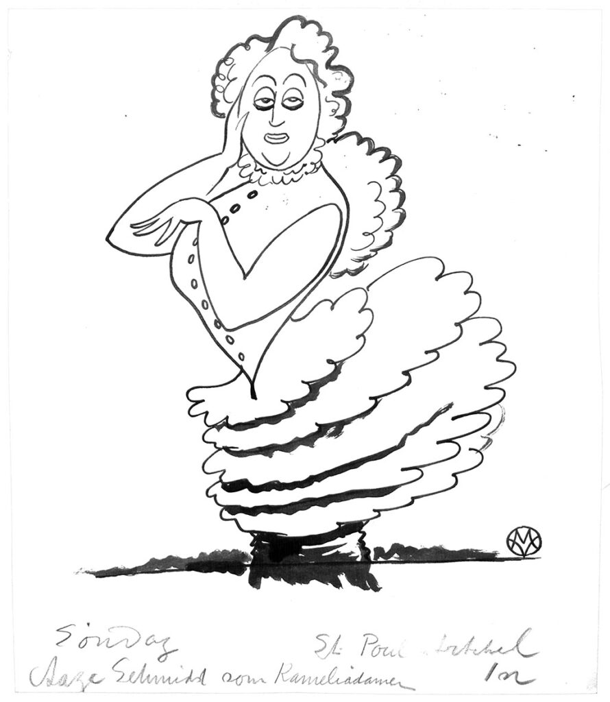 Een cartoon van een pronte dame met een corset en een rok met allemaal ruches. Ze heeft één hand aan haar wang en de andere hand houdt ze open hangend voor haar borst. Ze heeft geen voeten.