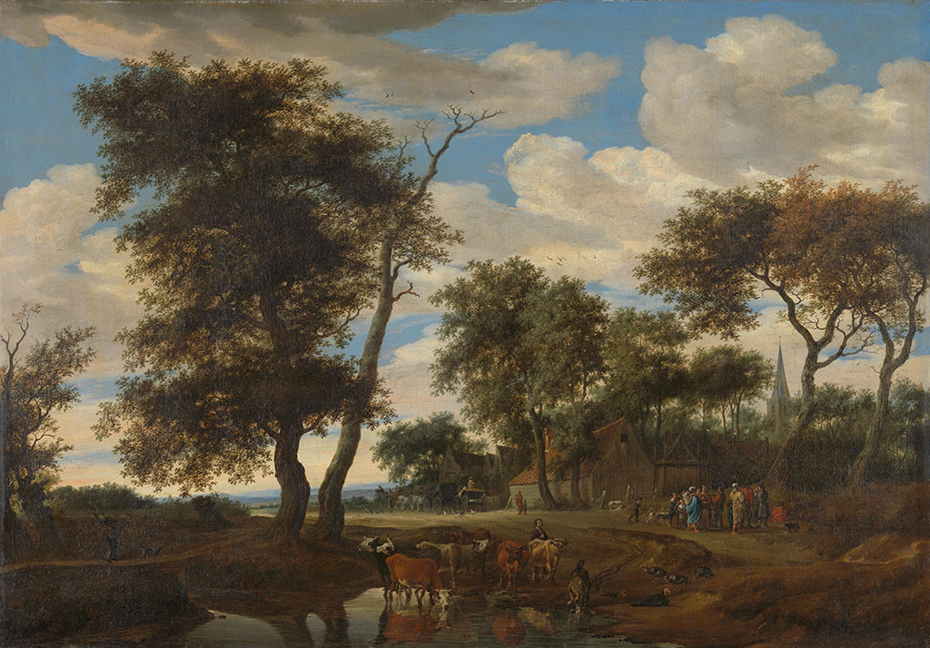 Aan de rand van een dorp staan enkele wagens stil bij een herberg, even verderop staat een groep mensen langs de kant van de weg. Op de voorgrond een kudde koeien bij een plas onder bomen.