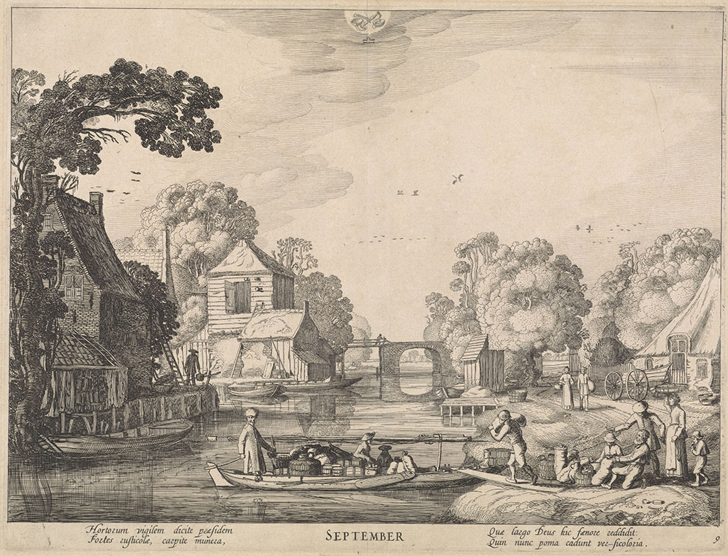 Gezicht op een dorp aan een rivier, waarop een boot wordt ingeladen met manden en zakken; een dorp tussen Woerden en Alphen aan de Rijn, voorstellende de maand september. Bovenaan het bij deze maand behorende sterrenbeeld: weegschaal.
