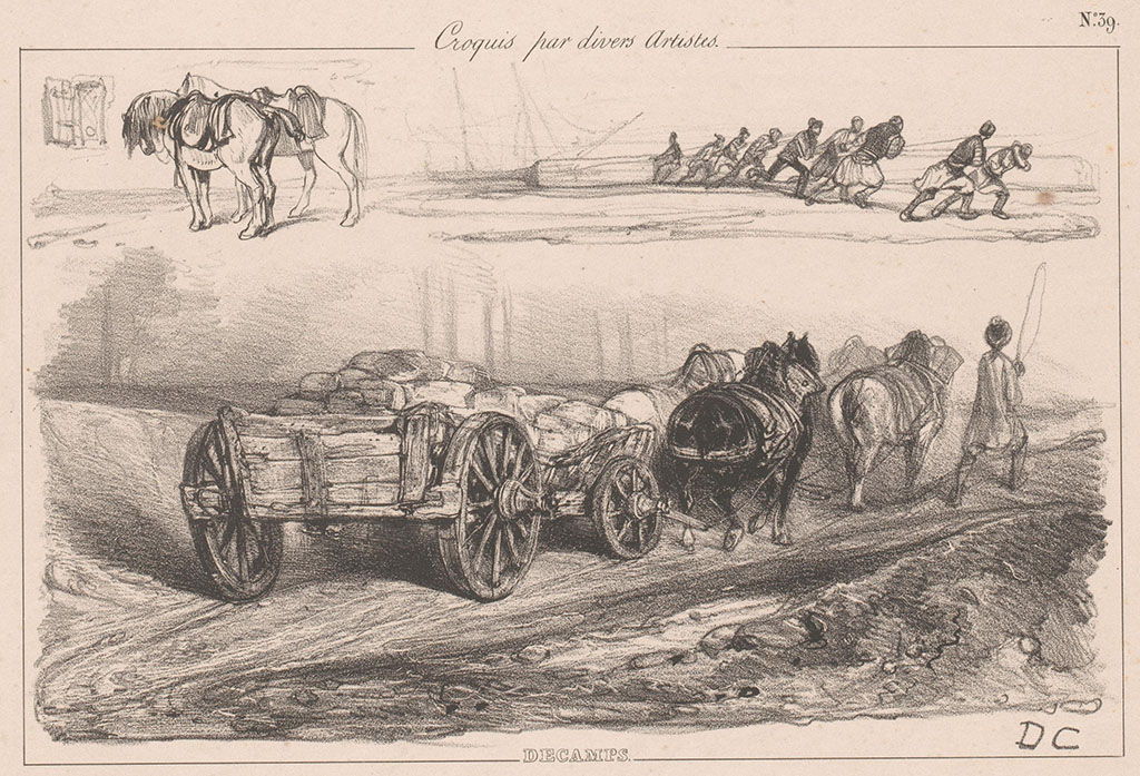 Pagina met drie schetsen. Linksboven twee gezadelde paarden voor een raam, rechtsboven een groep mannen die iets voortslepen dat aan touwen zit, midden onder een boeren wagen met daarop stenen, voortgetrokken door vier paarden. Ernaast loopt een man met een zweep. Rechts onder de letters DC. Boven de tekening staat 'Croquis par divers artistes'. Onder de prent staat Decamps.