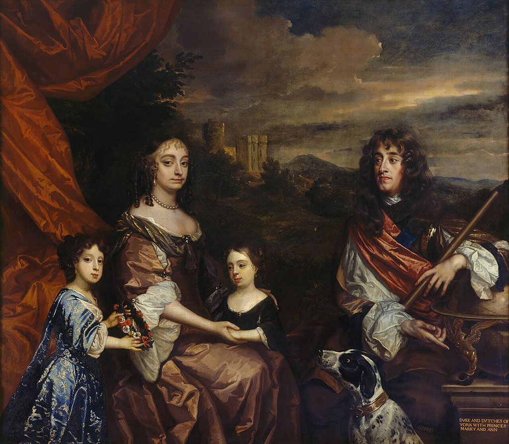 Portret van een gezin met twee jonge kinderen. Links een vrouw in een bruine jurk. Naast haar staat een klein meisje in een donkere jurk, de vrouw heeft haar linker hand op haar rug en houdt met haar rechterhand de linkerhand van het meisje vast. Links een iets groeter meisje in een blauwe jurk met in haar handen een bloemen krans. Rechts een man met lange krullen in rood-wit-blauwe kleren. In zijn linkerhand houdt hij een maarschalksstaf en met zijn rechterhand wijst hij naar de tekst op een zuil onder een globe: "Duke and dutches of York with princes Marey and Ann". Op de voorgrond een zwartwitte hond, op de achtergrond een heuvellandschap met een kasteel.
