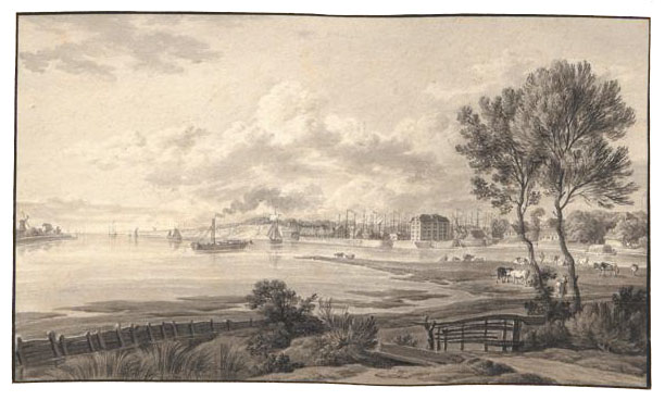 Tekening van een baai met op de voorgrond een weggetje en een landtong met koeien erop. Rechts een haven met allemaal zeilschepen en aan de linkerkant nog een stukje land met een molen. Midden in de baai varen zeilschepen en één stoomschip