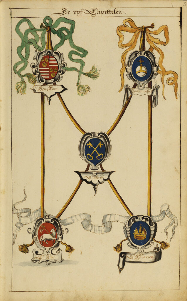 Beschrijving Afbeelding van rolwerkcartouches met de wapenschilden van de vijf kapittels van Utrecht, opgehangen aan linten: linksboven de Dom, rechtsboven Oudmunster, in het midden St. Pieter, linksonder St. Jan en rechtsonder St. Marie.