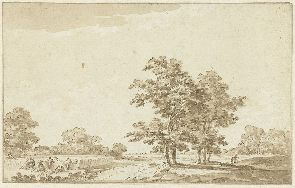 In een vlak landschap zijn links mensen met zeisen koren aan het maaien. In het midden een groepje bomen en rechts een paar wandelende mensen op weg naar het bos in de verte.