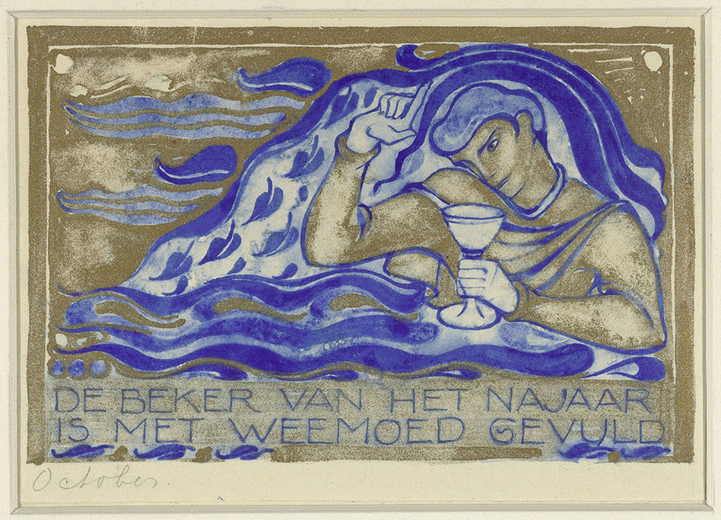 In een soort blauwe golf zit een man met een wijnglas in zijn linkerhand en met de wijsvinger van zijn rechterhand wijst hij omhoog. Eronder staat "De beker van het najaar is met weemoed gevuld" en daaronder in potlood "October".