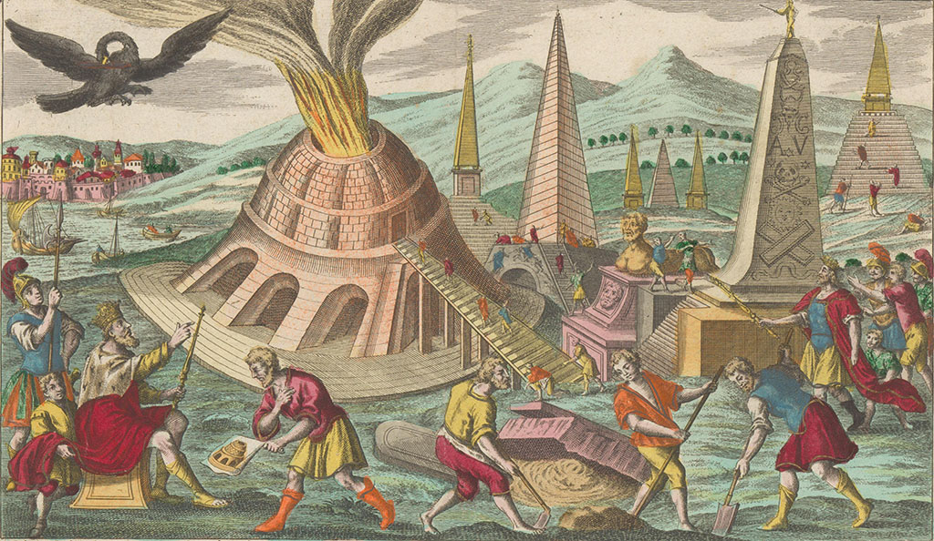 ingekleurde gravure met allerhande werkende mannen en op de achtergrond puntvormige bouwwerken. Links voor zit een koning die naar een tekening kijkt. In het midden staat een ronde steenoven waar de vlammen uitslaan.
