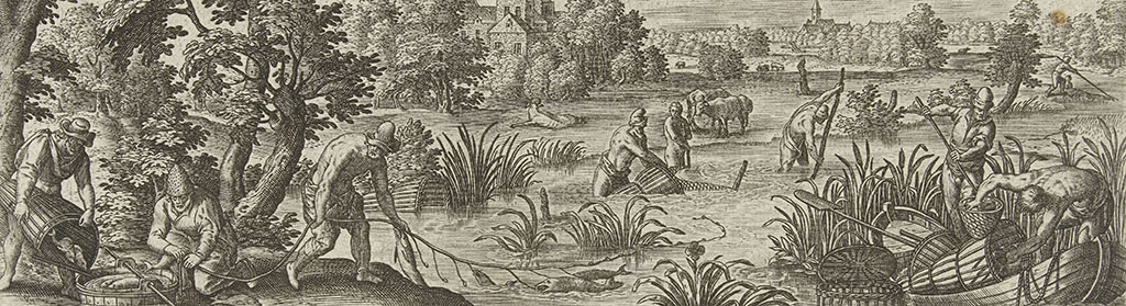 Aan een rivier zijn mannen bezig met vissen. Links haalt een man een lijn met haken met daarin vissen binnen, daarnaast stoppen mannen de gevangen vissen in een ton. in de rivier zet een man een fuik en plaatst een man een een net. Rechts op de voorgrond een bootje met met daarin een fuik en twee mannen die zich daarom kommeren. Op de achtergrond koeien in een weide, een landhuis en een kerk.