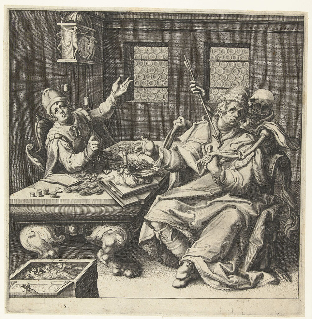 Twee mannen zitten in een vertrek aan een tafel waarop vele geldstukken, twee boeken en een stokbeurs liggen. Een van de mannen heeft een weegschaaltje in de hand, de ander wordt door de Dood (in de gedaante van een skelet) van achteren belaagd met een pijl. Aan de muur hangt een klok. Op de voorgrond staat een geldkist, waarin bovenin een beeldje ligt dat Caritas voorstelt. Onder de voorstelling is ruimte leeg gelaten voor een onderschrift.