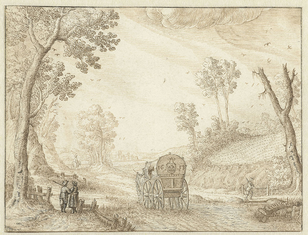 Gravures van een landschap met daarin een koets en diverse mensen. Links staan twee mensen te praten, rechts loopt een man, in de verte een rioter op een paard. Achter op de koets is een wapen met een kasteel afgebeeld en het jaar 1653. In de verte ligt een stad.