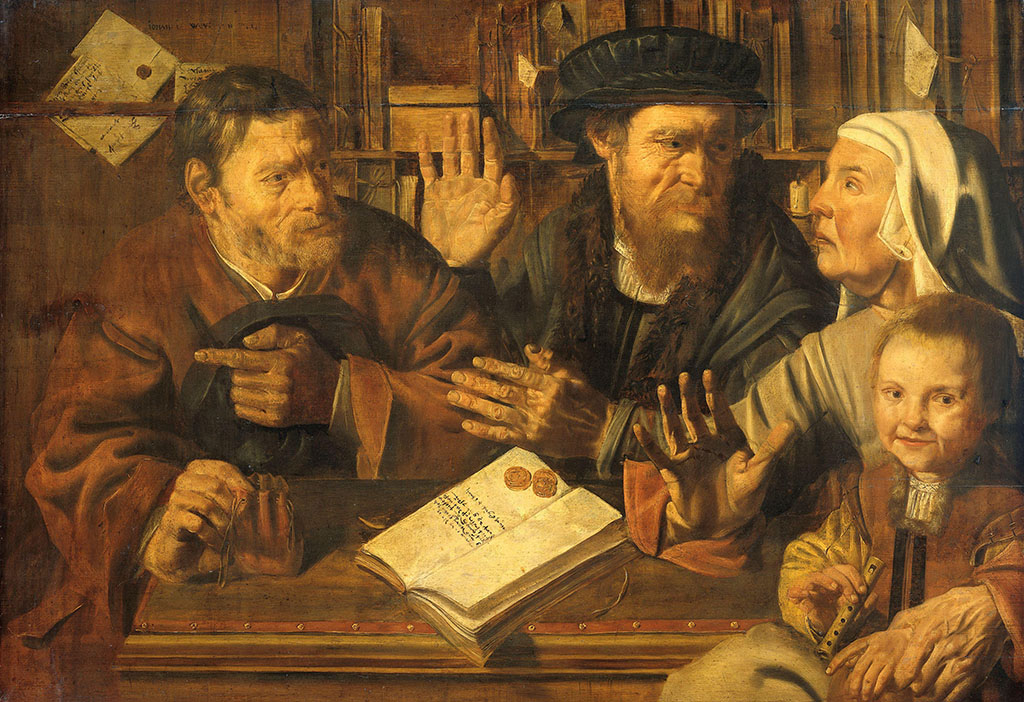 Het kantoor van de notaris. Een klerk of boekhouder in onderhandeling met links een man met een geldzakje en rechts een vrouw met een jongetje met een fluit op schoot. In het midden een tafel waarop een kasboek en enkele munten liggen. Op de achtergrond een boekenkast en verzegelde documenten aan de muur.