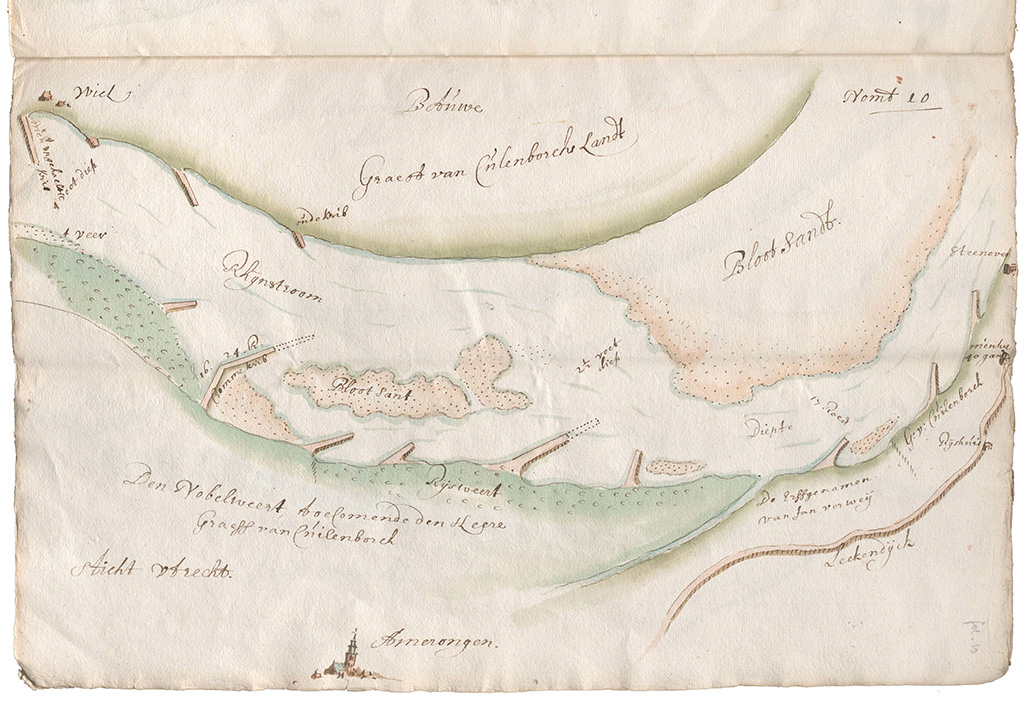 tekening van de rijn met aan weerszijden kribben. Ingetekend zijn de zandplaten en op verschillende plekken de diepte in de rijn. Onderaan ligt Amerongen. Ook het eigendom van de oevers is genoteerd. Aan de zuidkant, in de Betuwe, staat "Graeff van culenborch Landt", aan de noordkant, bij Amerongen staat "De Nobelweert, toecomende den Heer Graeff van Cuilenborch. Rechts is de Lekdijk ingetekend met een klein stukje land van "De Erffgenamen van Jan Verweij" en dan weer van "G.v. Cuijlenborch"